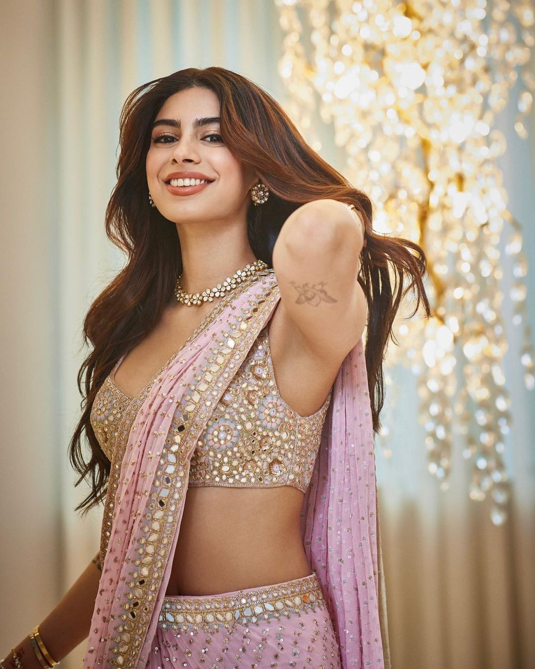 Khushi Kapoor Stuns in Fondant Pink Sequin Saree by Arpita Mehta at Aaliyah Kashyap's Engagement Bash
