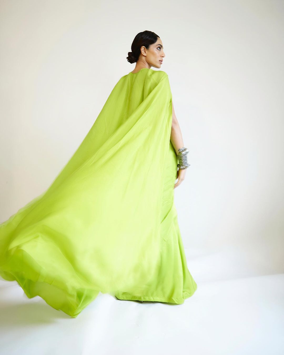 Sobhita Dhulipala's Bold and Beautiful Avatar, Mesmerises in Neon Green Saree with a Captivating Cape Twist