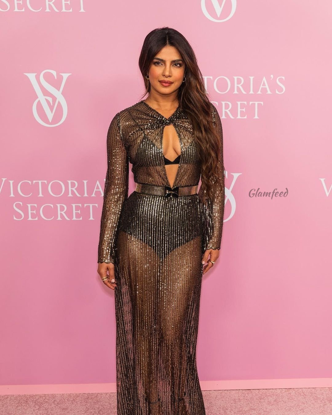 Priyanka Chopra Shines at Victoria's Secret NYFW Event in Sheer Metallic Dress and Black Bikini Set