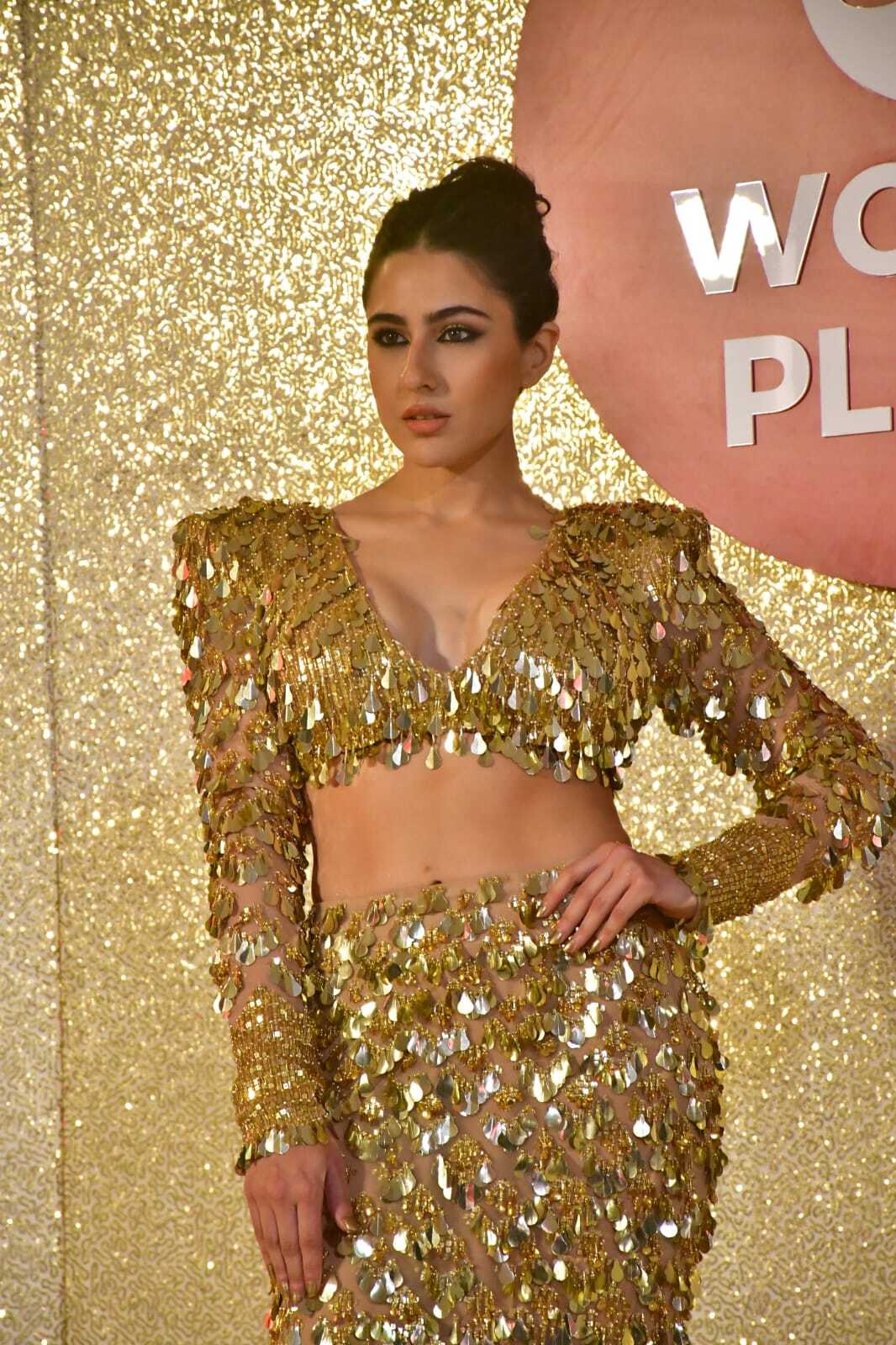Sara Ali Khan Shines in a Golden Sequin Gown at Jio World Plaza Launch