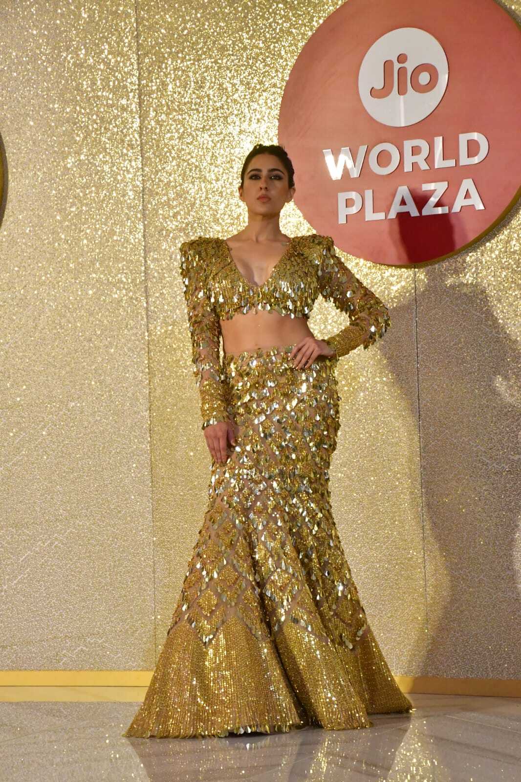 Sara Ali Khan Shines in a Golden Sequin Gown at Jio World Plaza Launch