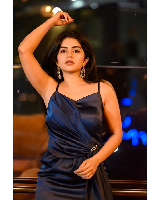 ಕಡು ನೀಲಿ ಡ್ರೆಸ್‌ನಲ್ಲಿ ಸ್ಟೈಲಿಶ್​ ಲುಕ್ ಕೊಟ್ಟ ನಟಿ ಮೇಘಾ ಶೆಟ್ಟಿ 