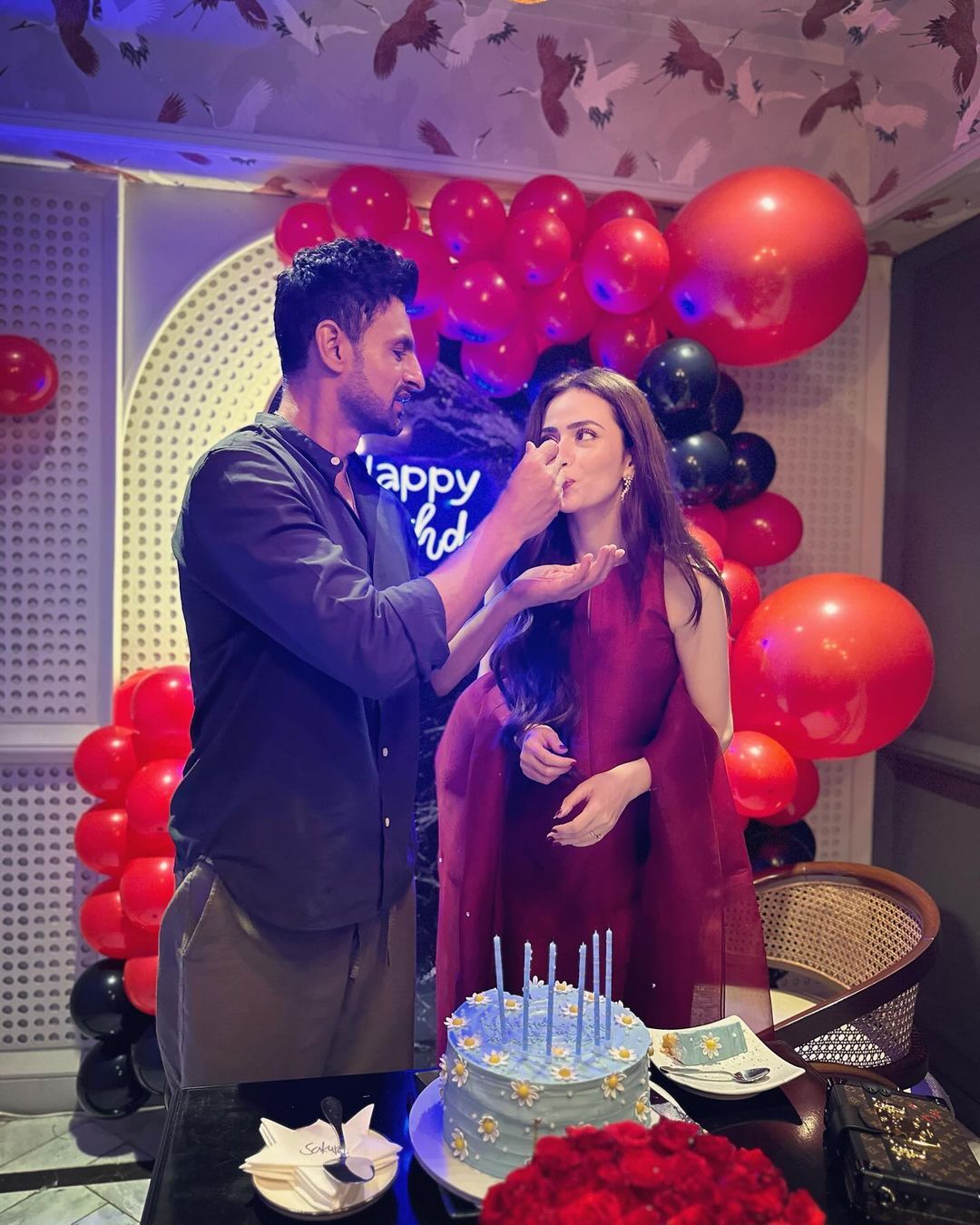Shoaib Malik was seen affectionately feeding cake to Sana Javed.