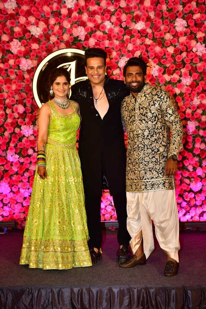 Arti Singh with her brother Krushna Abhishek and fiance Dipak Chauhan at her sangeet ceremony