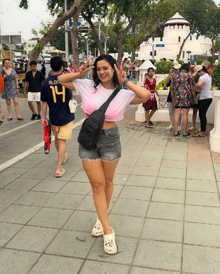 Shweta Tiwari wore a white crop top paired with distressed grey denim shorts