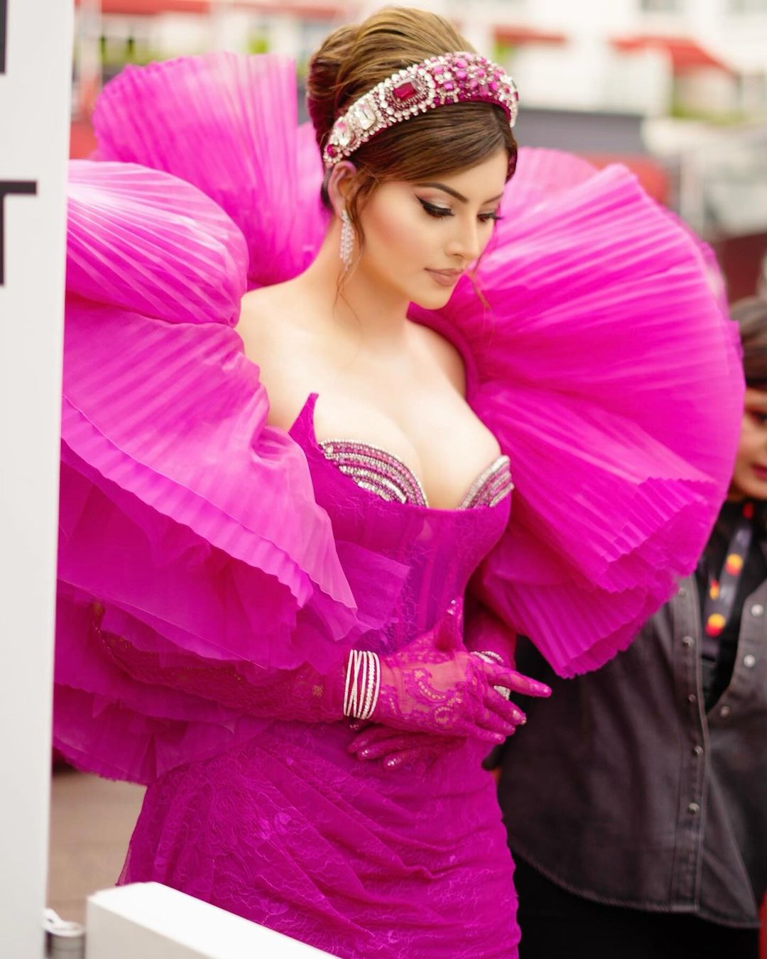 Urvashi Stuns in Strapless Gown Paired with Ruffled Shrug