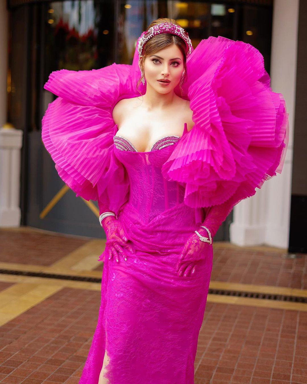 Urvashi Shines in Strapless Gown and Ruffled Tulle Shrug