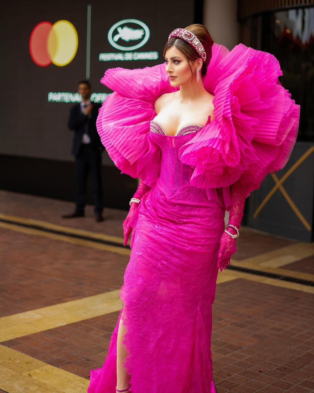 Urvashi Radiates Confidence in Strapless Pink Gown and Tulle Shrug