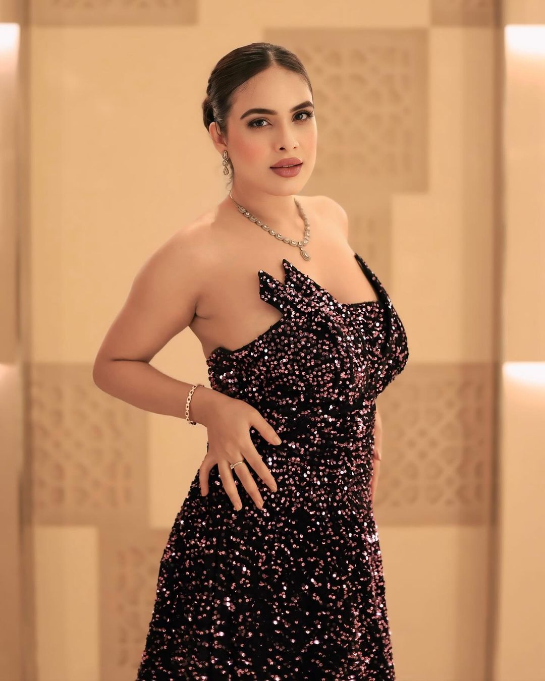 Neha Malik Shimmers in Stunning Black Sequined Gown, Flaunting Her Curves