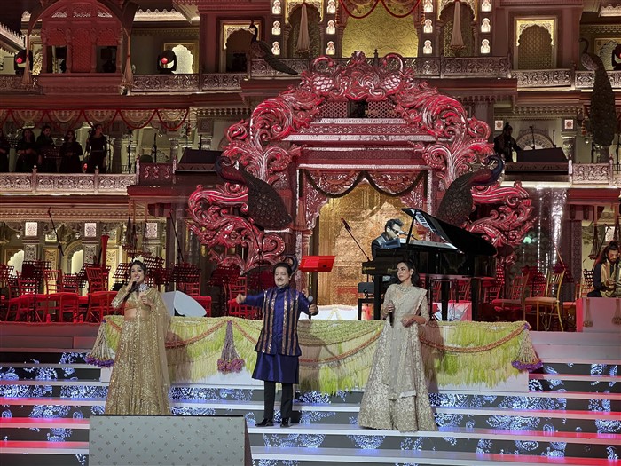 Singers Udit Narayan, Sunidhi Chauhan and Jonita Gandhi perform during the second day of Anant Ambani and Radhika Merchant's wedding reception ‘Mangal Utsav’,