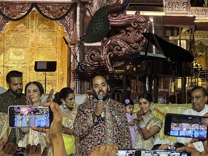 ewly married Anant Ambani speaks during the second day of his and Radhika Merchant's wedding reception ‘Mangal Utsav’, organised for the Reliance employees and media