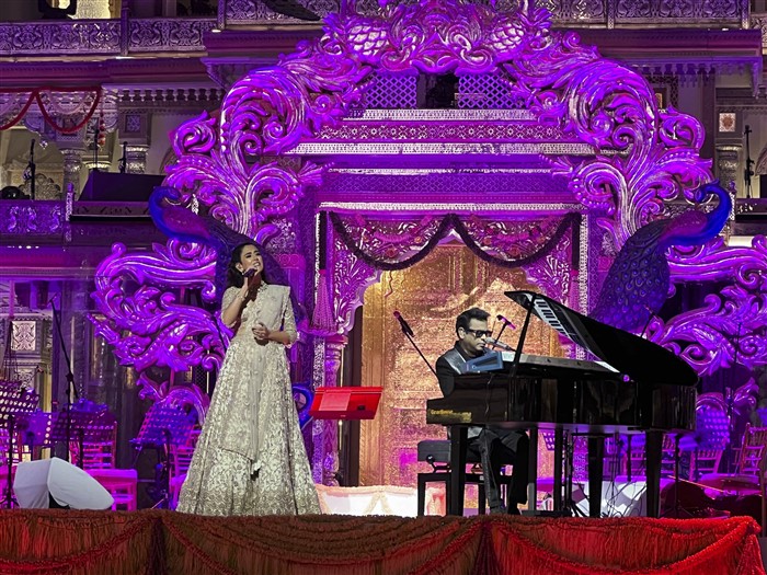 Singers Jonita Gandhi and A. R. Rahman perform during the second day of Anant Ambani and Radhika Merchant's wedding reception ‘Mangal Utsav’