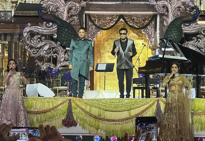 Singers Sukhwinder Singh and A. R. Rahman perform during the second day of Anant Ambani and Radhika Merchant's wedding reception ‘Mangal Utsav’,