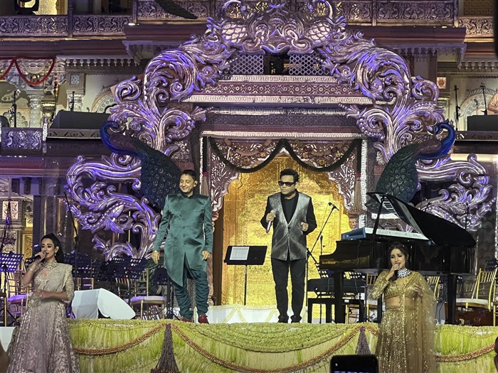 Singers Sukhwinder Singh and A. R. Rahman perform during the second day of Anant Ambani and Radhika Merchant's wedding reception ‘Mangal Utsav’,