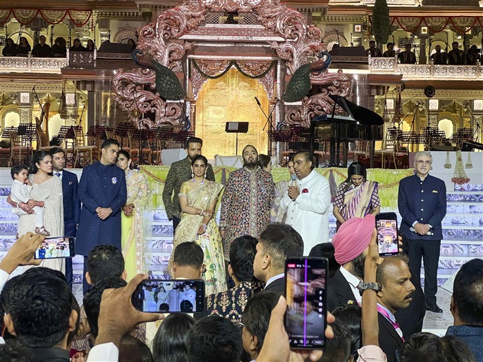 Reliance industries Chairman Mukesh Ambani speaks during the second day of Anant Ambani and Radhika Merchant's wedding reception ‘Mangal Utsav’,