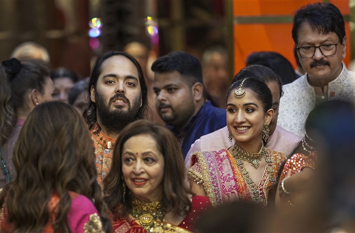 Anant Ambani, Reliance Industries Chairman Mukesh Ambani's son, and Radhika Merchant during a pre-wedding ceremony ahead of their wedding, at Antilia.
