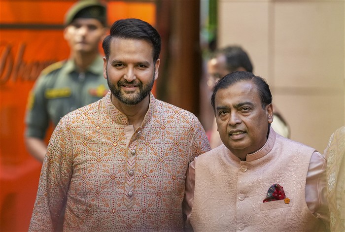 Reliance Industries Chairman Mukesh Ambani with son-in-law Anand Piramal during a pre-wedding ceremony