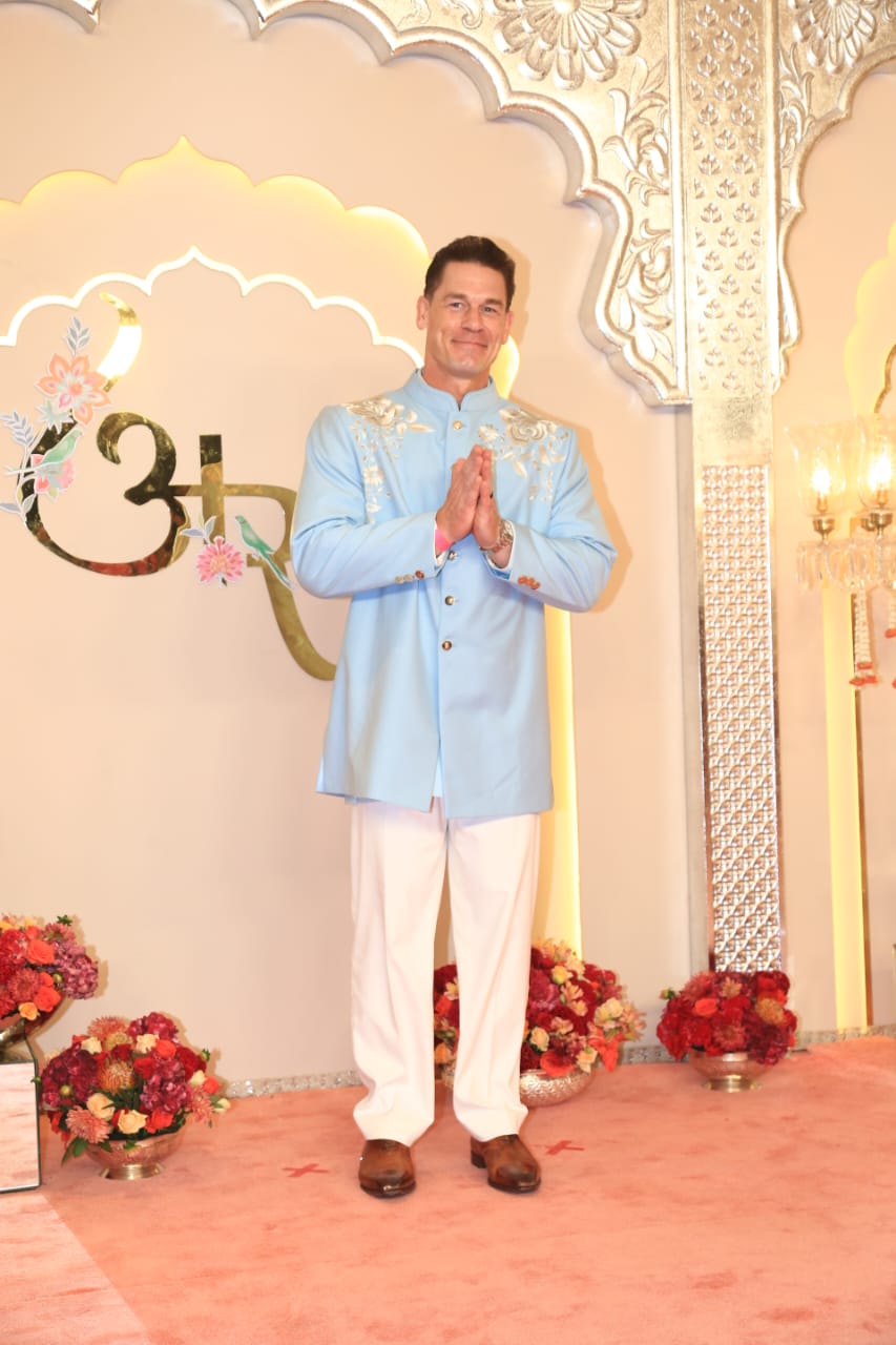 John Cena was seen in a traditional blue indian suit as he arrived for Anant and Radhika's wedding ceremony.