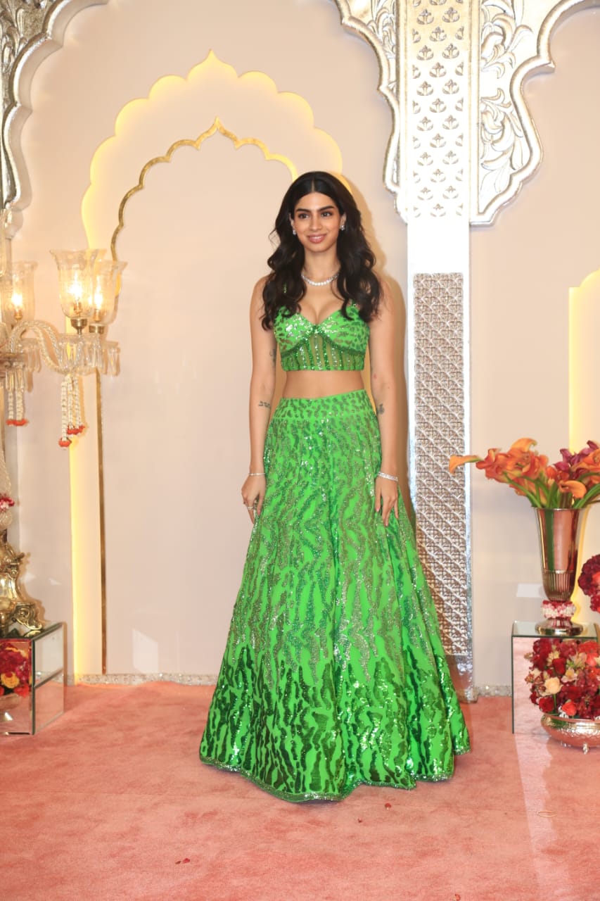 Khushi Kapoor donned a stunning green lehenga as she arrived for Anant and Radhika's wedding.