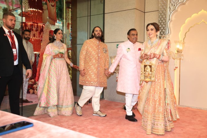 The groom Anant Ambani was seen arriving at the venue with his family.