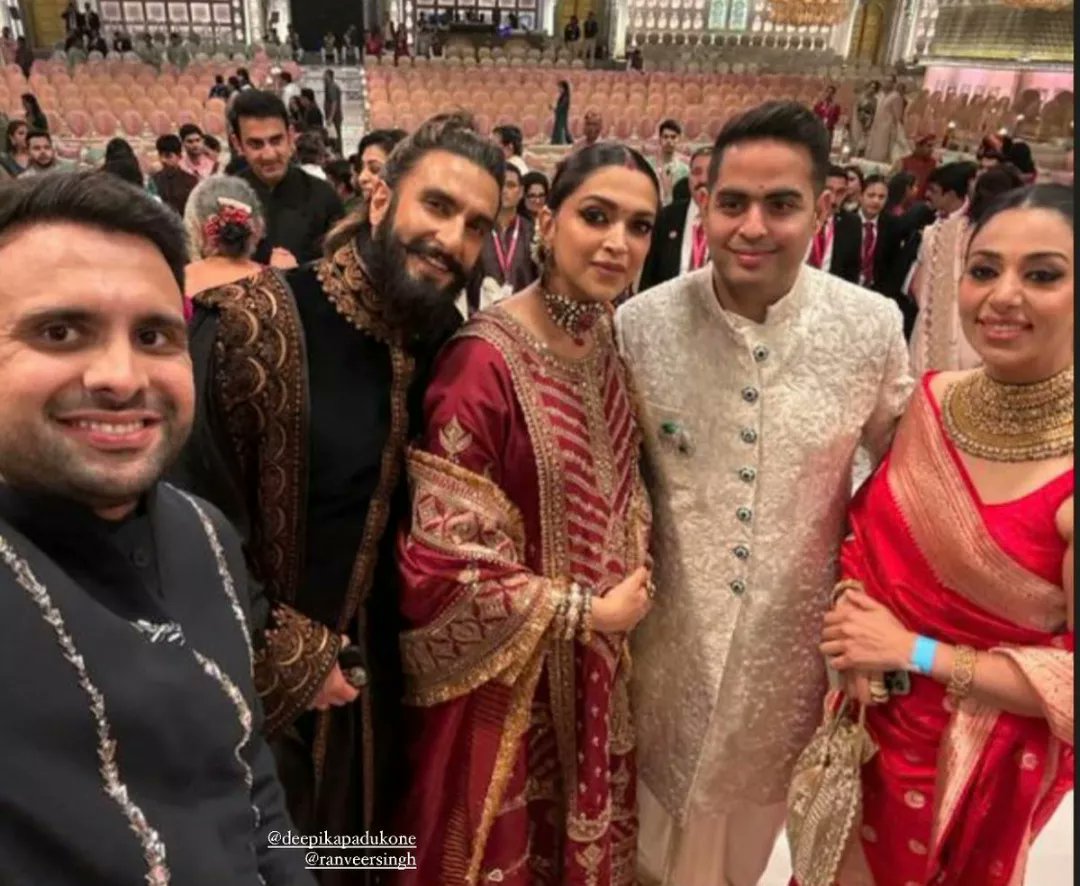 Ranveer Singh and Deepika Padukone with Akash Ambani and others at Anant and Radhika's Wedding festivities.