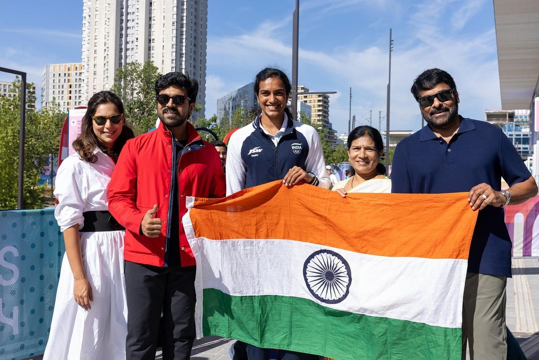 Sindhu posted pictures with Chiranjeevi and the Mega family on social media, expressing her delight at their presence in Paris olympics 2024.