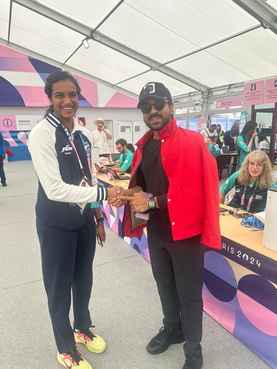 Ram charan with PV Sindhu at Paris Olympics 2024.