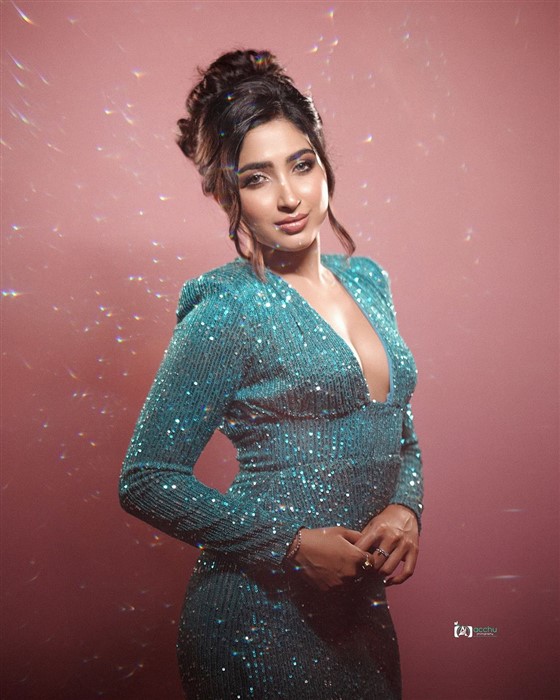 Saanya iyer In A blue Gown For The rowri film muddada song release