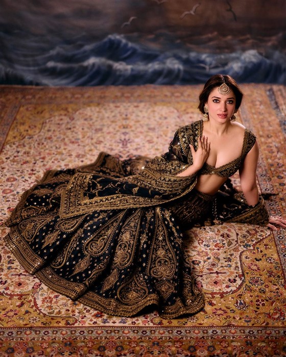 Tamannaah Bhatia stuns in a show-stopping black and gold lehenga, exuding elegance and glamour