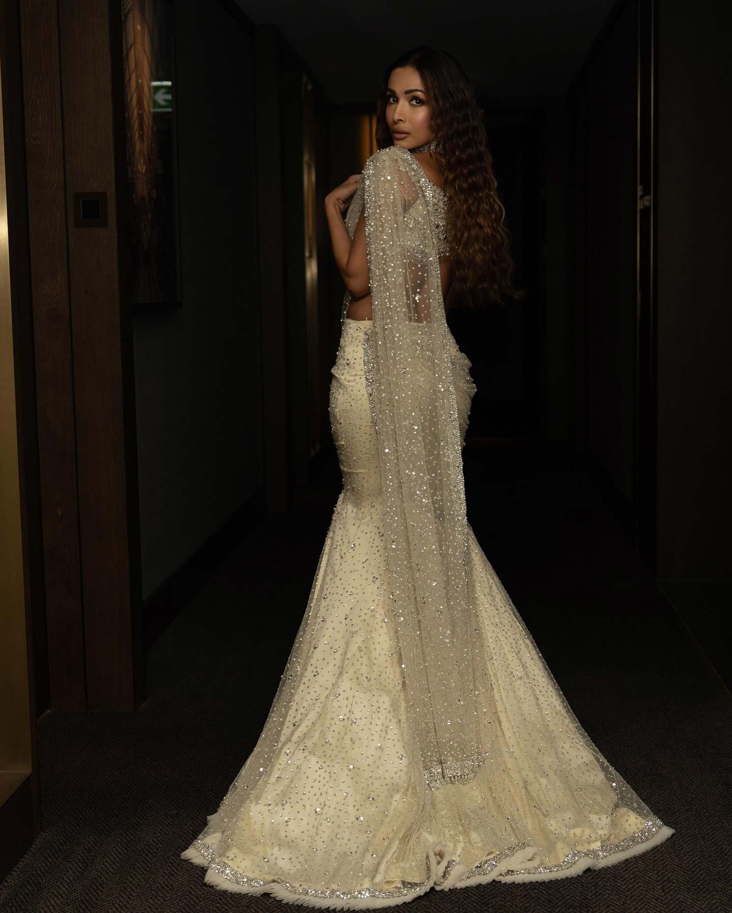 Malaika Arora's lehenga features intricate sequin embroidery with floral designs in silver and pale pink