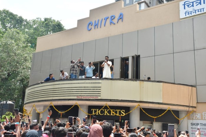 At the teaser launch, Vicky stood on the terrace of a cinema hall as confetti bombs erupted behind him.