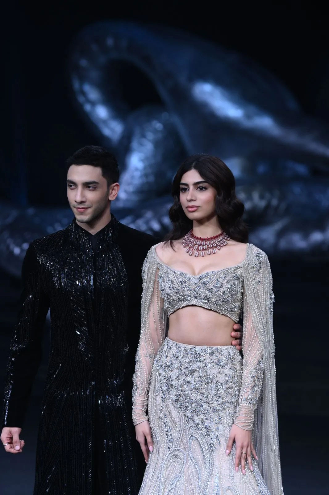 Khushi and Vedang ramp together as showstoppers for designer Gaurav Gupta at ICW 2024