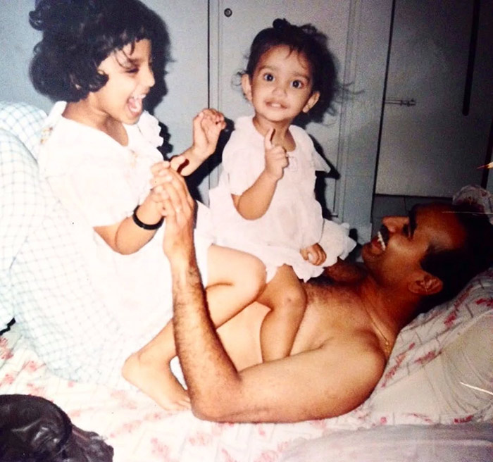 Another picture shows her having a fun time with her father and sibling, smiling at the camera.
