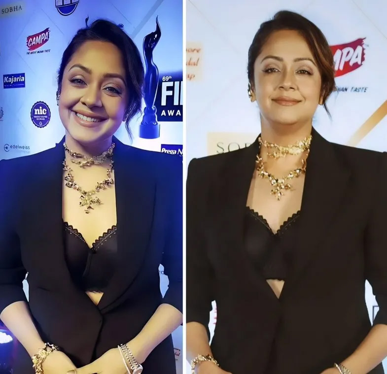 Jyothika appeared in a glamorous outfit instead of her usual family-oriented sari look.