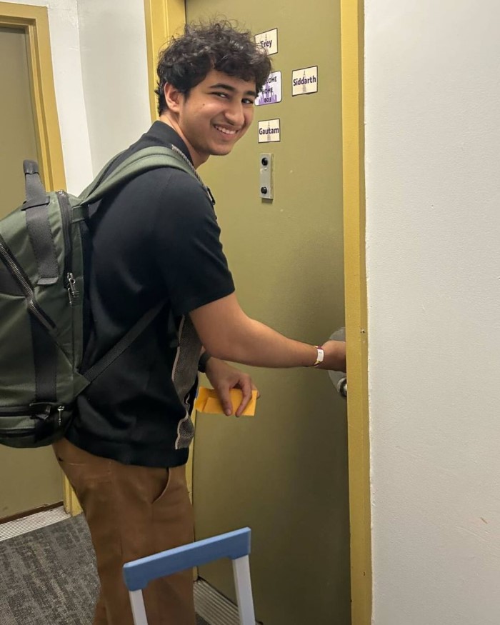 n one picture posted by Namrata, Gautham is seen carrying a bag over his shoulders and smiling. The photo appears to have been taken at New York University, where he is pursuing higher studies