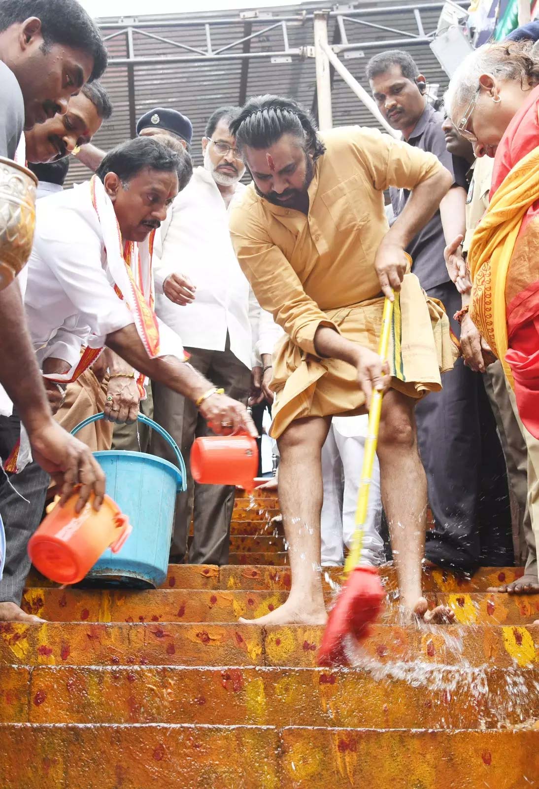 Pawan Kalyan, the Deputy Chief Minister of Andhra Pradesh and a popular actor, participated in a cleaning drive at the Kanaka Durga Temple in Vijayawada.