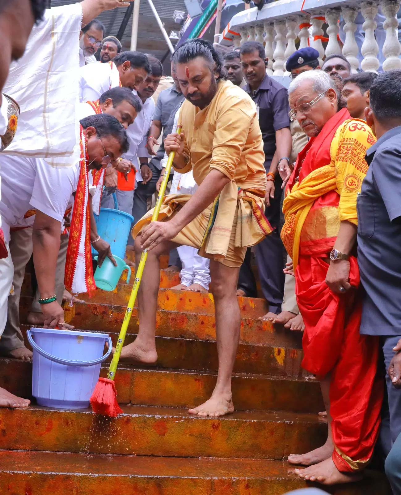 Pawan Kalyan, the Deputy Chief Minister of Andhra Pradesh and a popular actor, participated in a cleaning drive at the Kanaka Durga Temple in Vijayawada.