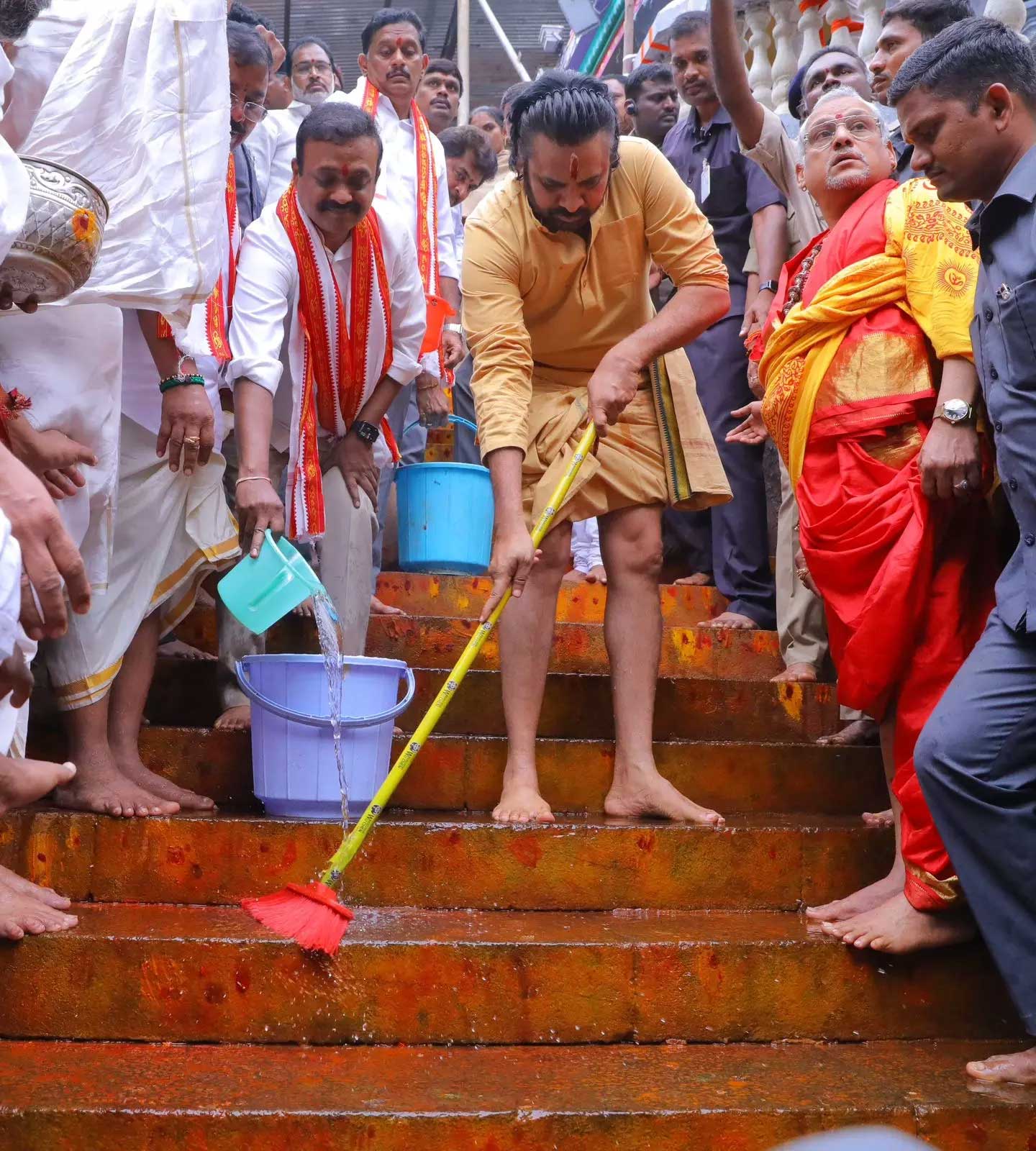 Pawan Kalyan, the Deputy Chief Minister of Andhra Pradesh and a popular actor, participated in a cleaning drive at the Kanaka Durga Temple in Vijayawada.