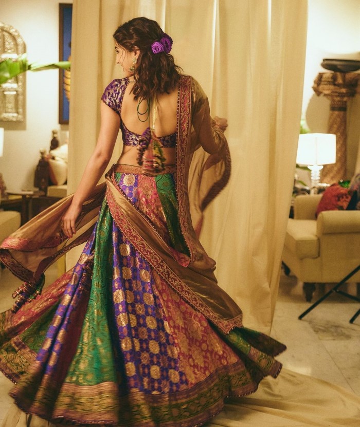 He combined the multi-coloured vintage brocade sarees into an intricate and vibrant lehenga that captured the rich history and artistry of Indian textiles.