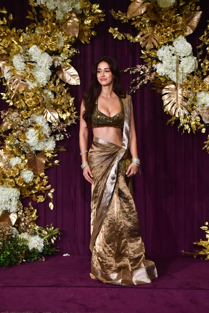 Disha Patani Goes Bold In A Gold Saree & Bralette At Manish Malhotra's Diwali Bash