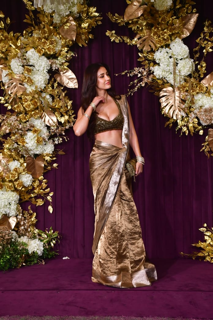 Disha Patani Goes Bold In A Gold Saree & Bralette At Manish Malhotra's Diwali Bash