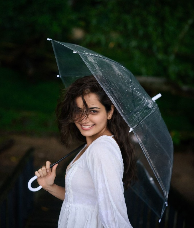 Kannada actress Ashika Ranganath is enjoying the rainy weather