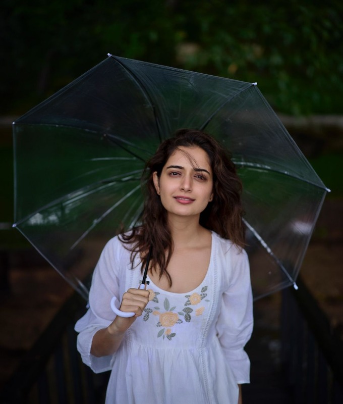Kannada actress Ashika Ranganath is enjoying the rainy weather
