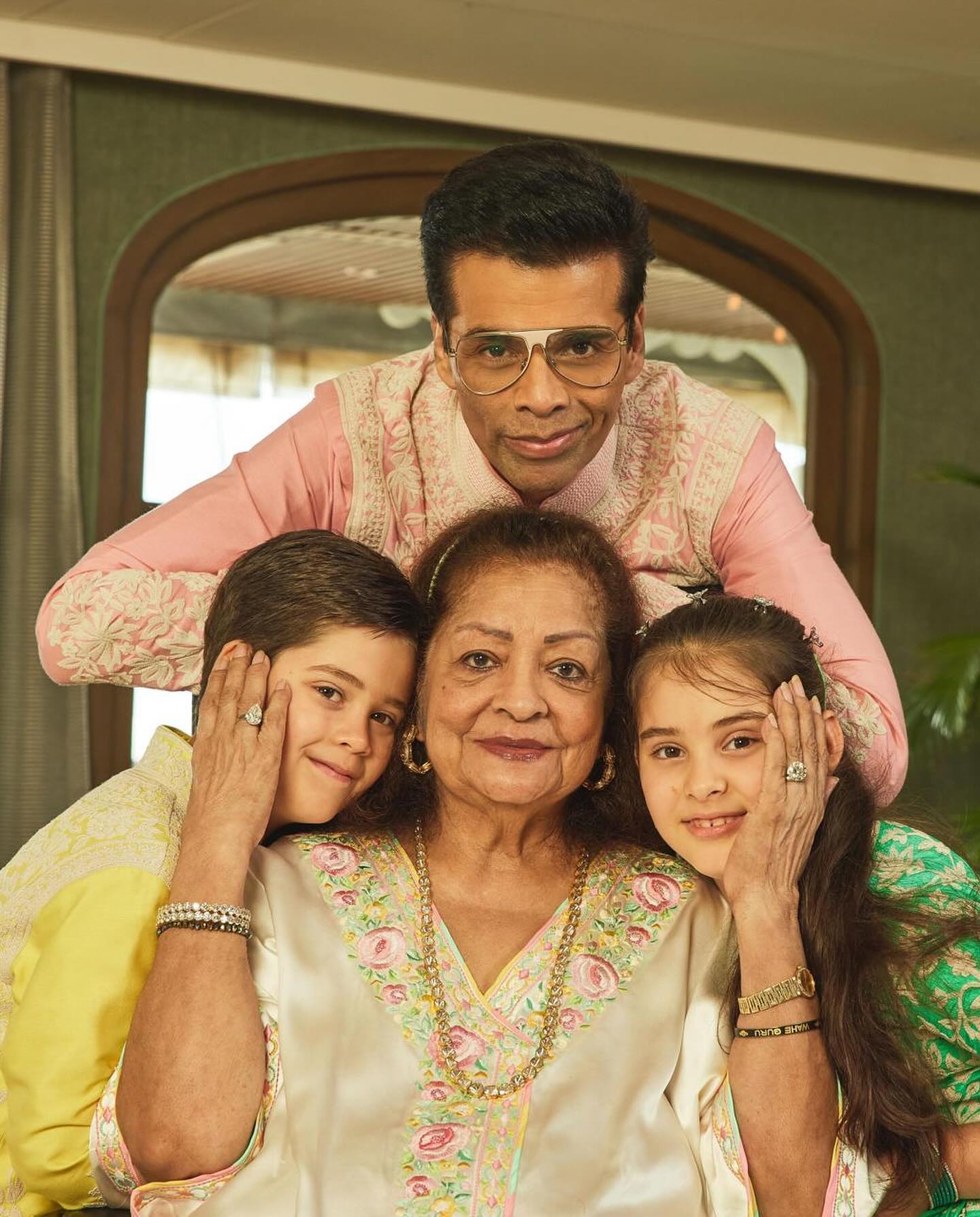 Karan Johar's Heartwarming Diwali Snaps with Family: Yash, Roohi, and Mom Hiroo Johar.