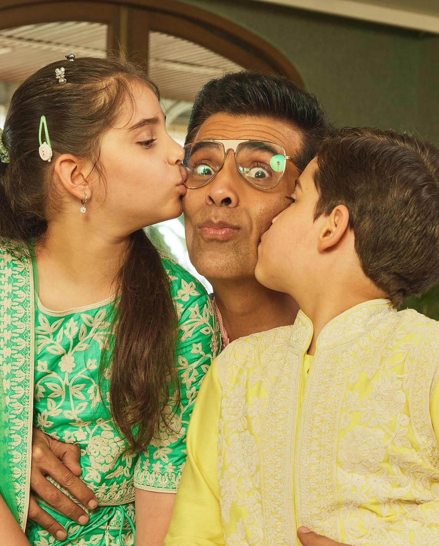Karan Johar's Heartwarming Diwali Snaps with Family: Yash, Roohi, and Mom Hiroo Johar.