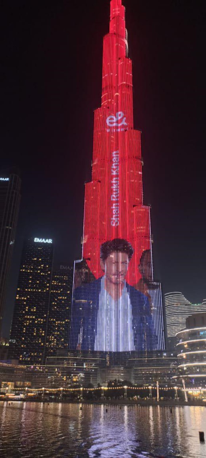 The Burj Khalifa in Dubai showcased Shah Rukh Khan's image to celebrate his 59th birthday, honoring the Bollywood superstar with a dazzling display.
