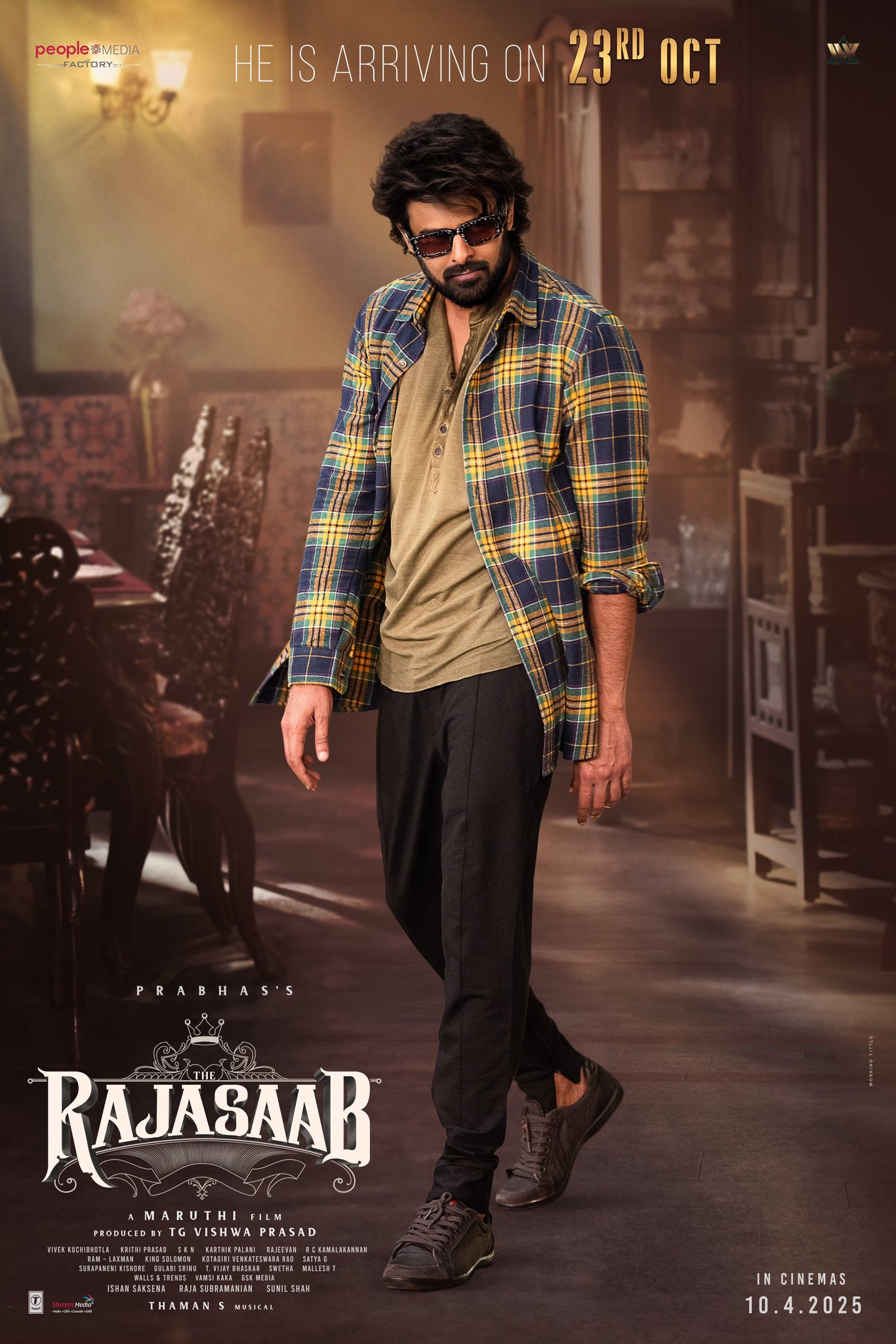 The film stars Prabhas in a dual role: as the owner of an old cinema theatre and as a vengeful ghost named Raja Saab. Nidhhi Agerwal and Malavika Mohanan play the lead female roles. The story revolves around a young man who, facing financial crisis, acquires his ancestral property, only to find it haunted by Raja Saab's spirit. Produced by People Media Factory, with music by Thaman S and cinematography by Karthik Palani, the film is set to release on April 10, 2025.