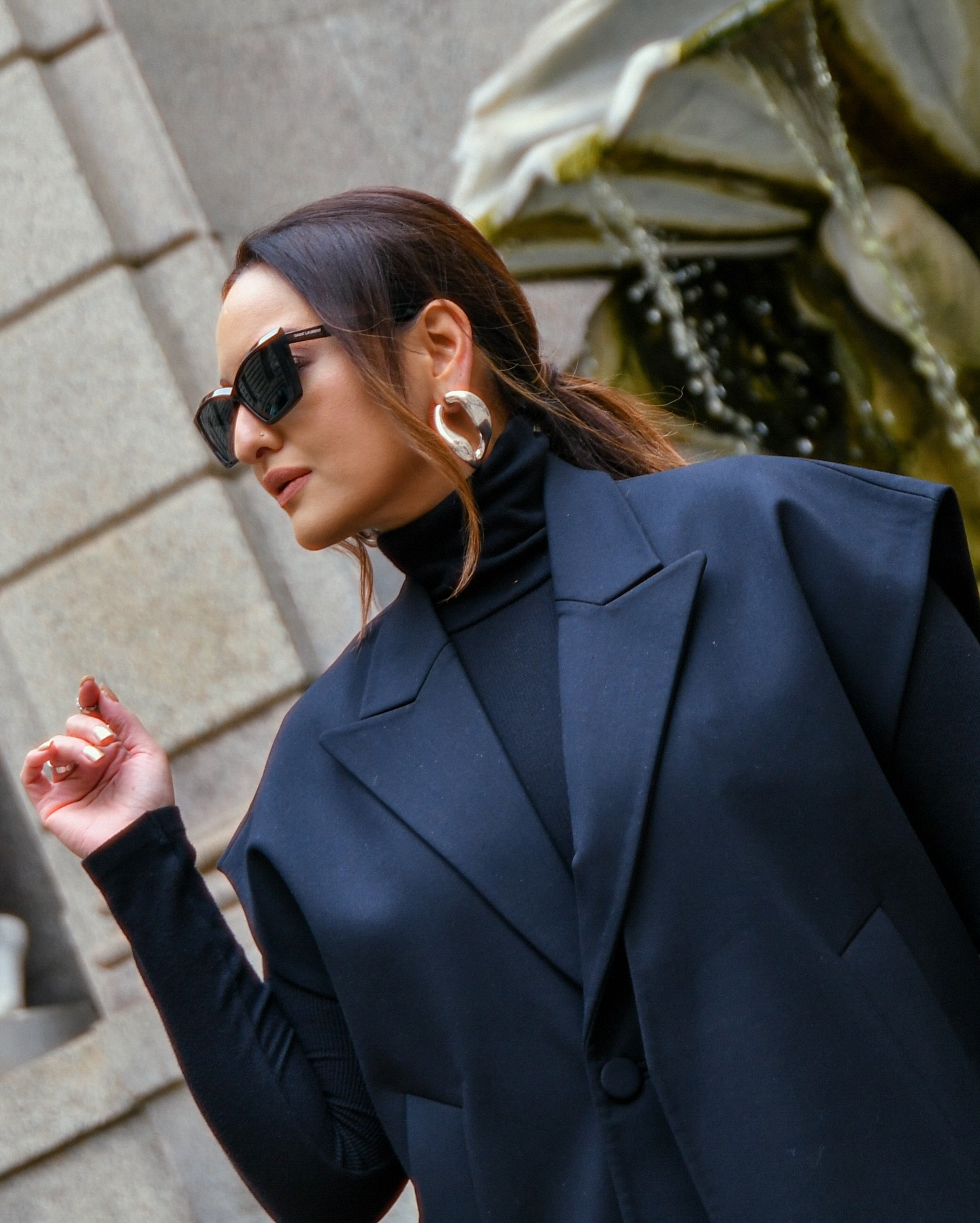 Sonakshi Sinha turned heads in a chic all-black ensemble, featuring a stylish black blazer.