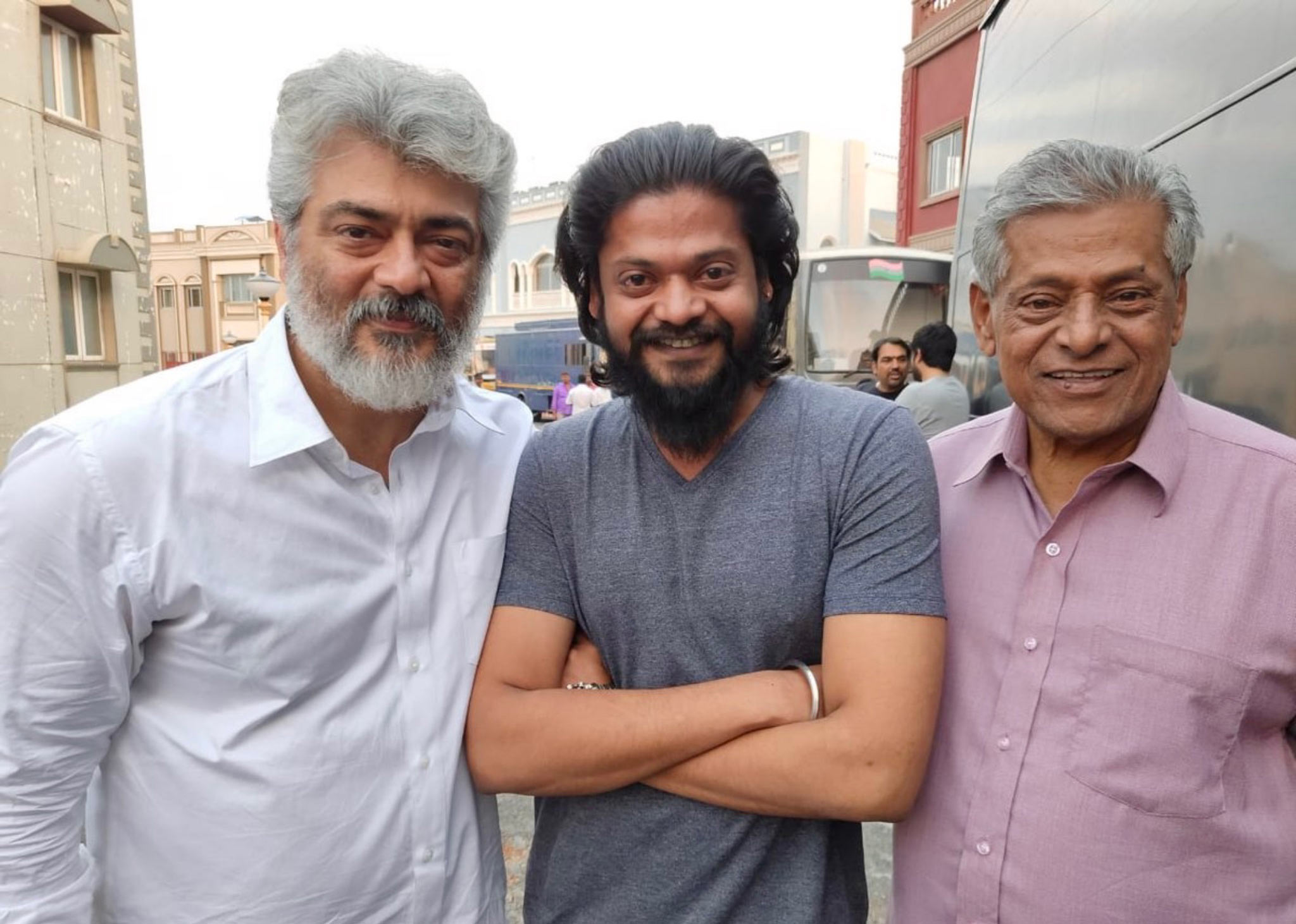 Delhi Ganesh with actor Ajith on the set of a movie.