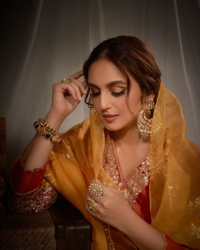 Huma's graceful styling, including her choice of minimal accessories and elegant makeup, allows the intricate details of her outfit to stand out, showcasing her impeccable fashion sense.